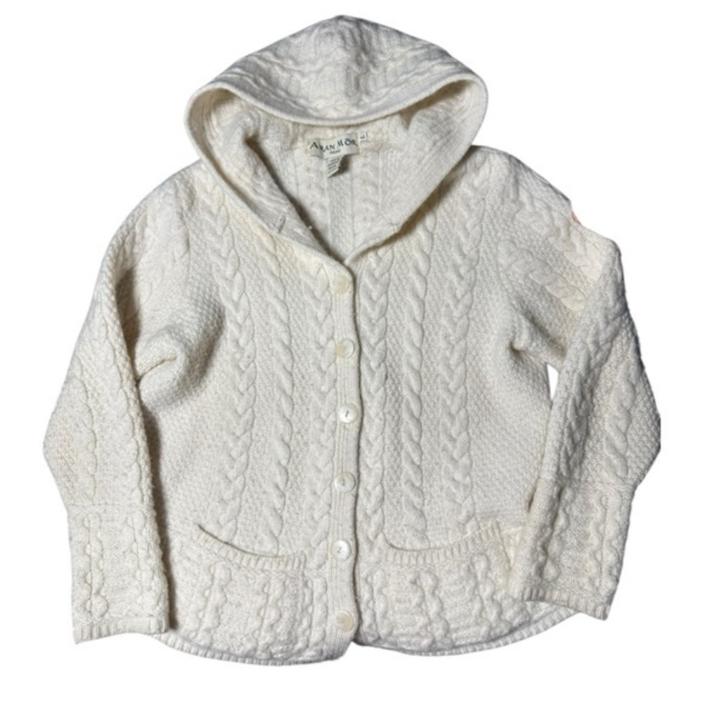 Aran Mor Cream Merino Wool Button Front Fisherman Sweater with Hood Large
